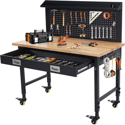 Adjustable Height Workbench Built for Heavy-Duty Use, 48" Rubber Wood Top, 2000 LBS Capacity, Power Outlets