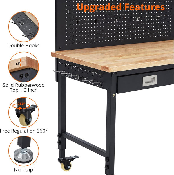 Adjustable Height Workbench Built for Heavy-Duty Use, 48" Rubber Wood Top, 2000 LBS Capacity, Power Outlets