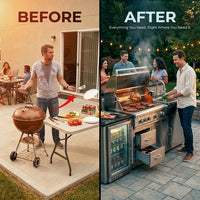 BBQ Island Outdoor Kitchen Kits, 4-Burner 72000 BTU Stainless Steel Modular 98 Inch Natural Gas Outdoor Kitchen Bar Barbecue Island Grill with Refrigerator and Sink for Patio Backyard — Before & After