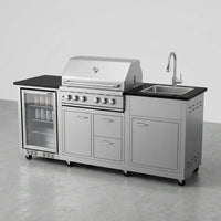 BBQ Island Outdoor Kitchen Kits, 4-Burner 72000 BTU Stainless Steel Modular 98 Inch Natural Gas Outdoor Kitchen Bar Barbecue Island Grill with Refrigerator and Sink for Patio Backyard — Studio Shot