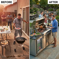 Outdoor Kitchen Island Built for Backyard Entertaining, 4-Burner 72000 BTU Grill, Refrigerator, 98 Inch — Before & After