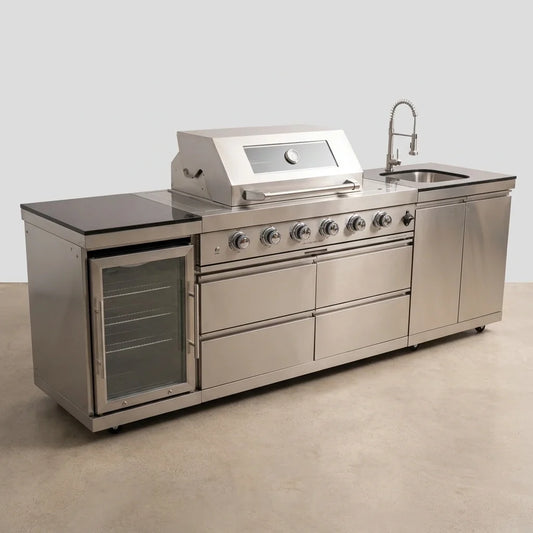 Outdoor Kitchen Island Built for Backyard Entertaining, 4-Burner 72000 BTU Grill, Refrigerator, 98 Inch — Studio Shot