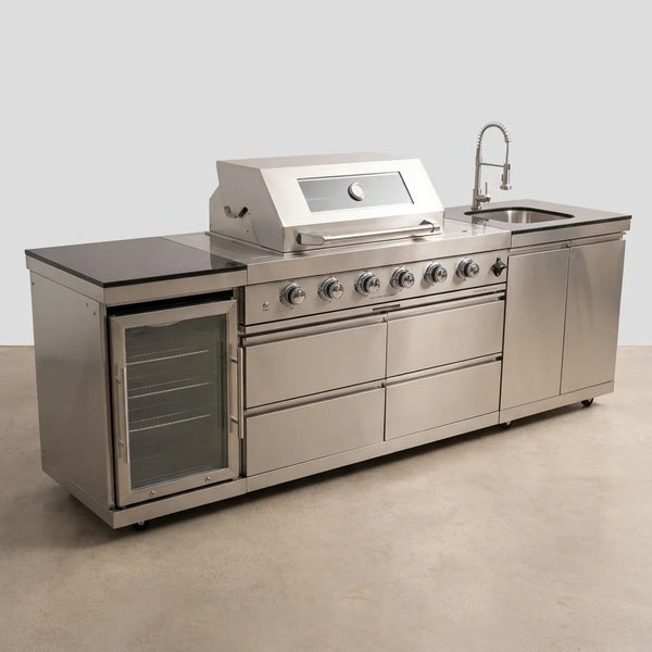 Outdoor Kitchen Island Built for Backyard Entertaining, 4-Burner 72000 BTU Grill, Refrigerator, 98 Inch — Studio Shot