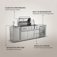 Outdoor Kitchen Island Built for Backyard Entertaining, 4-Burner 72000 BTU Grill, Refrigerator, 98 Inch — infographic
