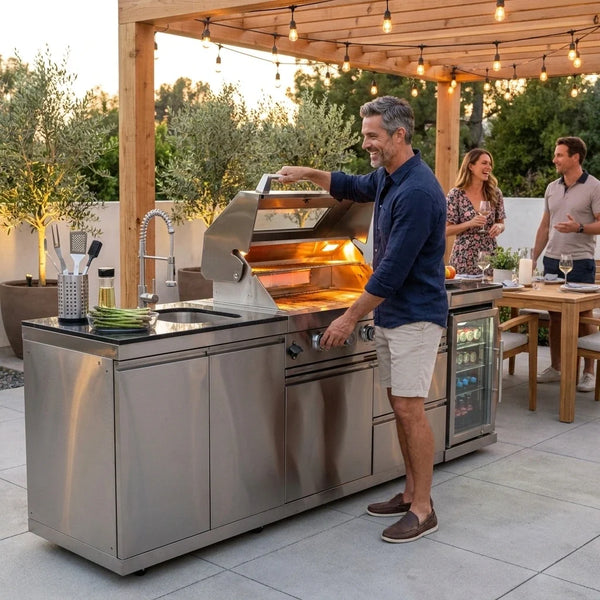 Outdoor Kitchen Island Built for Backyard Entertaining, 4-Burner 72000 BTU Grill, Refrigerator, 98 Inch