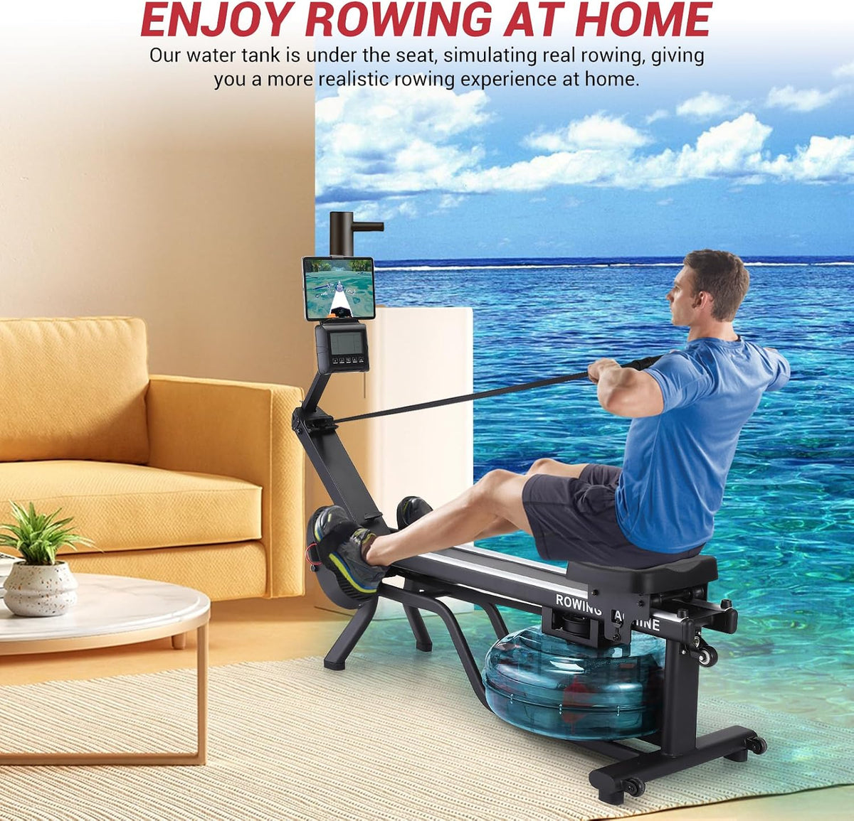 Water Rowing Machines for Home, 380 LBS Capacity Rower Machine with Digital Monitor, Wide Ergonomic Seating and Tablet Holder, App Compatible