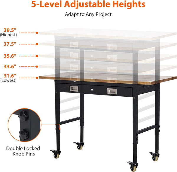 60" Adjustable Height Workbench, Rubber Wood Tabletop Workbench with Pegboard, Storage Drawers, Rolling Work Table with Wheels, Power Outlet, 2000Lbs Capacity, Garage Workbench for Workshop