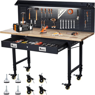 60" Adjustable Height Workbench, Rubber Wood Tabletop Workbench with Pegboard, Storage Drawers, Rolling Work Table with Wheels, Power Outlet, 2000Lbs Capacity, Garage Workbench for Workshop