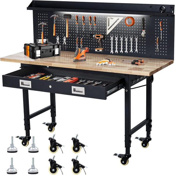 60" Adjustable Height Workbench, Rubber Wood Tabletop Workbench with Pegboard, Storage Drawers, Rolling Work Table with Wheels, Power Outlet, 2000Lbs Capacity, Garage Workbench for Workshop