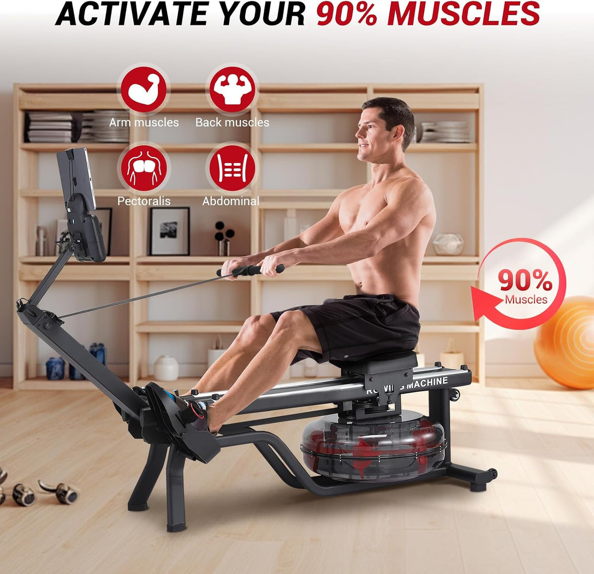 Water Rowing Machines for Home, 380 LBS Capacity Rower Machine with Digital Monitor, Wide Ergonomic Seating and Tablet Holder, App Compatible